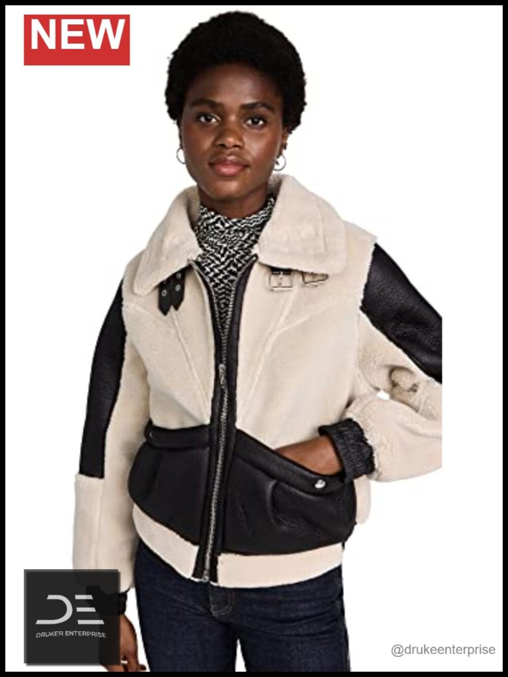 Faux Leather Sherpa Lined Moto Jacket Collared Zip Casual